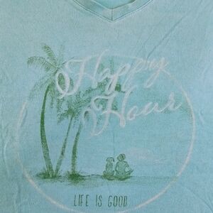 Life is Good v-neck women's sz L t-shirt, aqua, Happy Hour" graphic front,